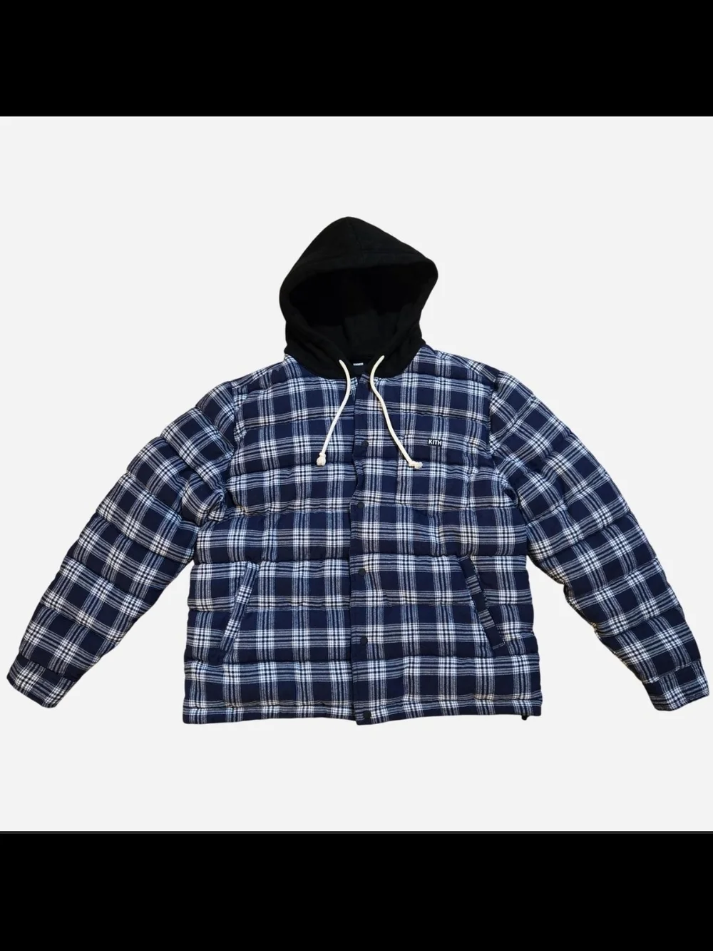 Kith quilted Plaid Puffer Jacket w/ Hood Layered Style Button Front Size L - Picture 3 of 8